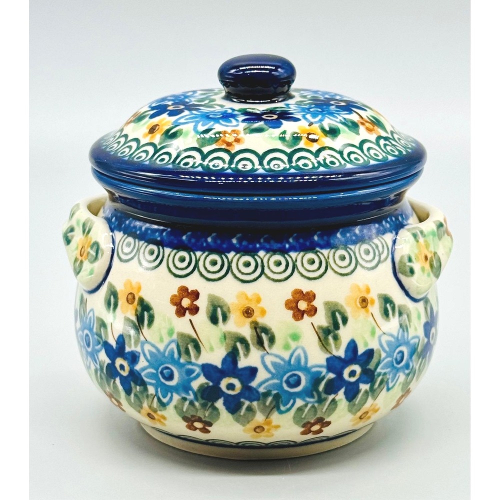 Unikat Polish Pottery Individual Soup Crock Bowl Lid Blue Floral Pattern